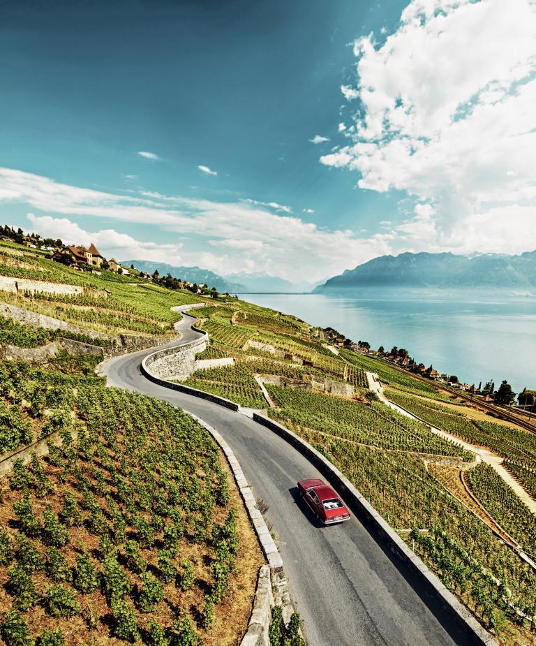 جاده زیبای اروپایی در میان دریاچه ژنو و تاکستان‌های لاوو